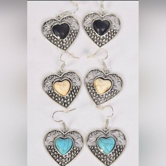 Filigree Silver Heart Semi-Precious Stone Earrings Ivory,  Black, or Turquoise - Picture 1 of 2